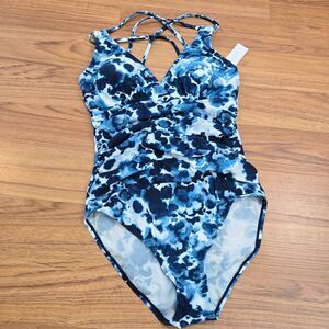 KI LAPHEE One Piece Swimsuit Women size S Blue abstract Ruched Tummy plunge NEW